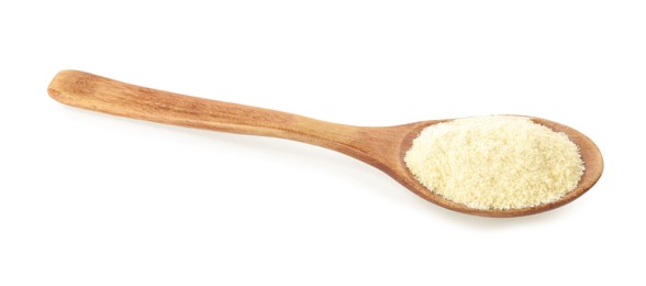 Photo of Wooden spoon with quinoa flour on white background