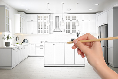 Image of Woman drawing kitchen interior design. Combination of photo and sketch