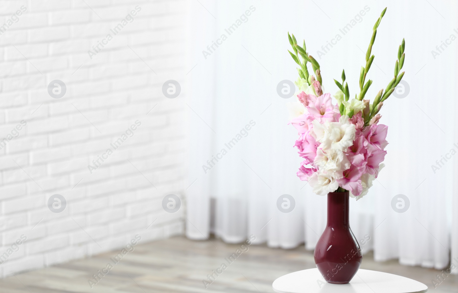 Photo of Vase with beautiful gladiolus flowers on wooden table indoors. Space for text