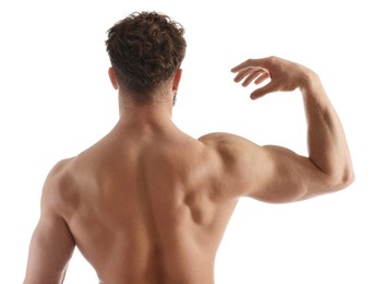 Man with muscular body on white background, back view