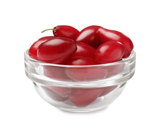 Photo of Fresh ripe dogwood berries in glass bowl on white background