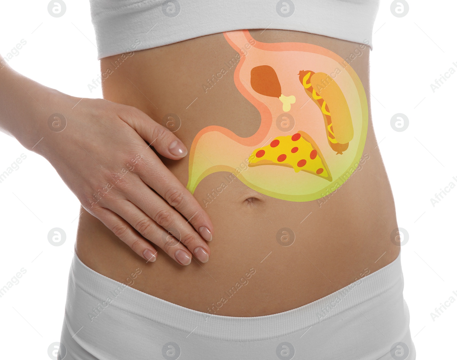 Image of Woman with image of stomach full of junk food drawn on her belly against white background, closeup. Unhealthy eating habits