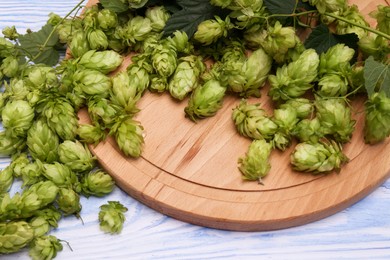 Board and fresh green hops on pale blue wooden table, closeup