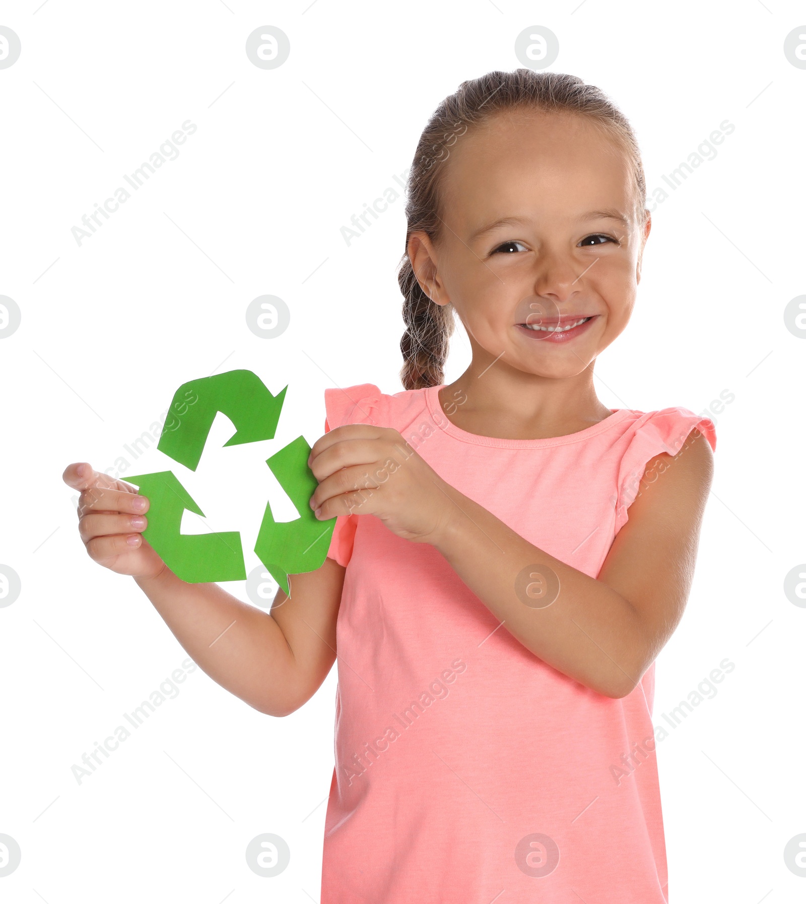 Photo of Little girl with recycling symbol on white background