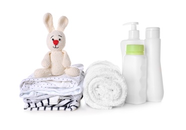 Photo of Set of baby accessories on white background