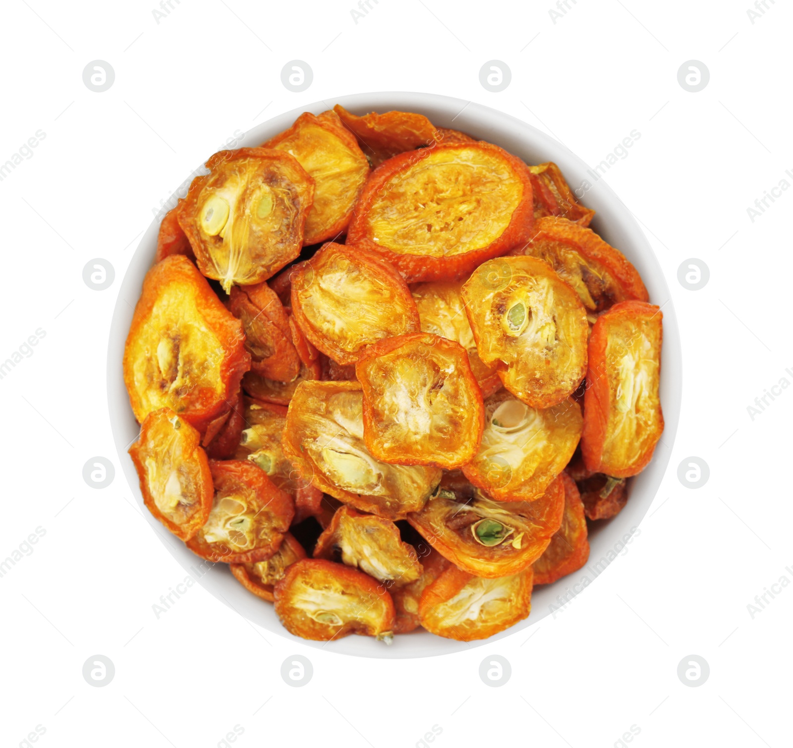 Photo of Bowl of cut dried kumquat fruits isolated on white, top view