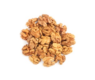 Pile of peeled walnuts on white background, top view