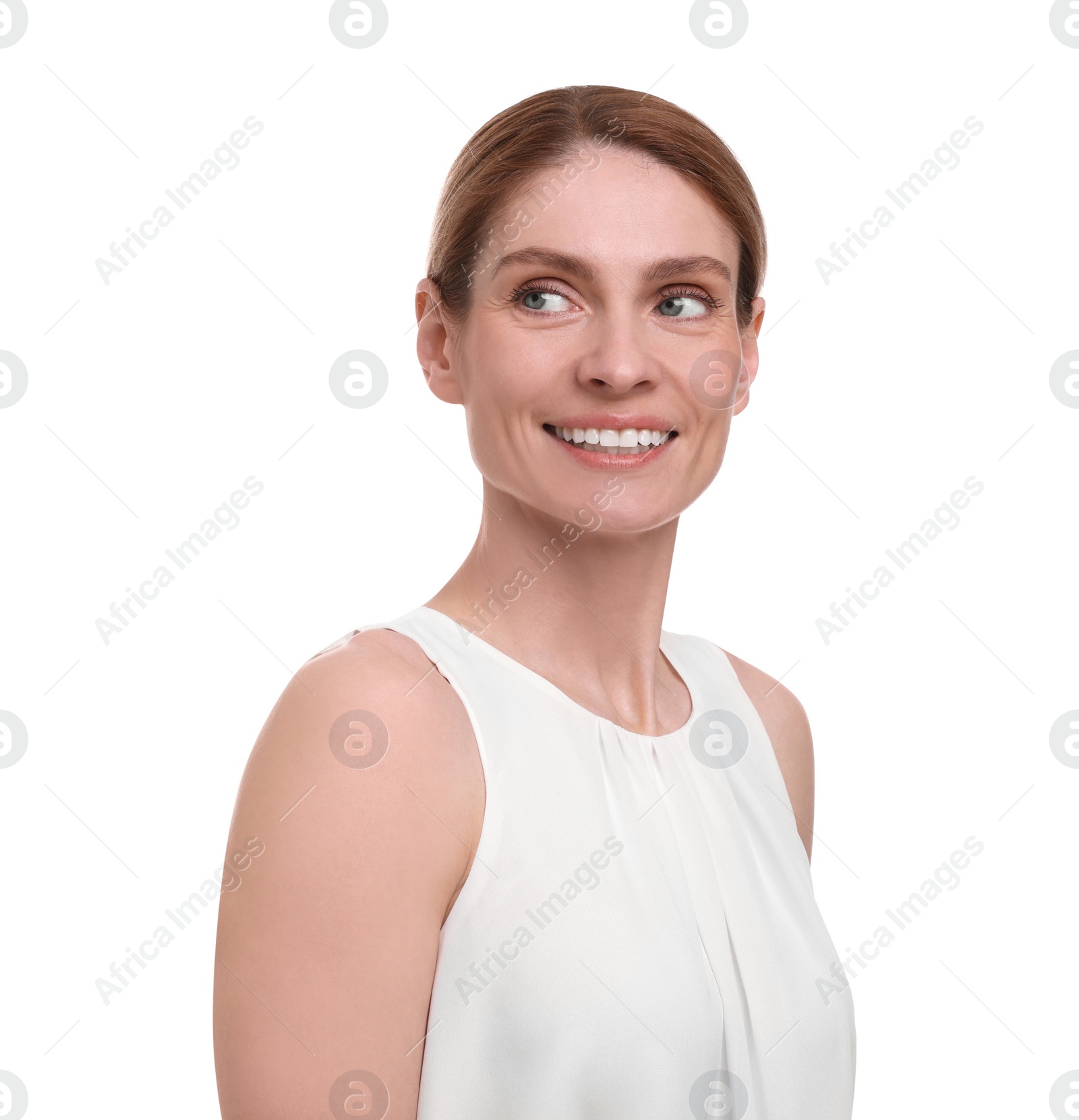Photo of Portrait of beautiful happy businesswoman on white background