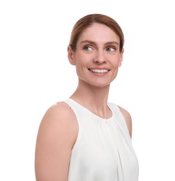 Photo of Portrait of beautiful happy businesswoman on white background