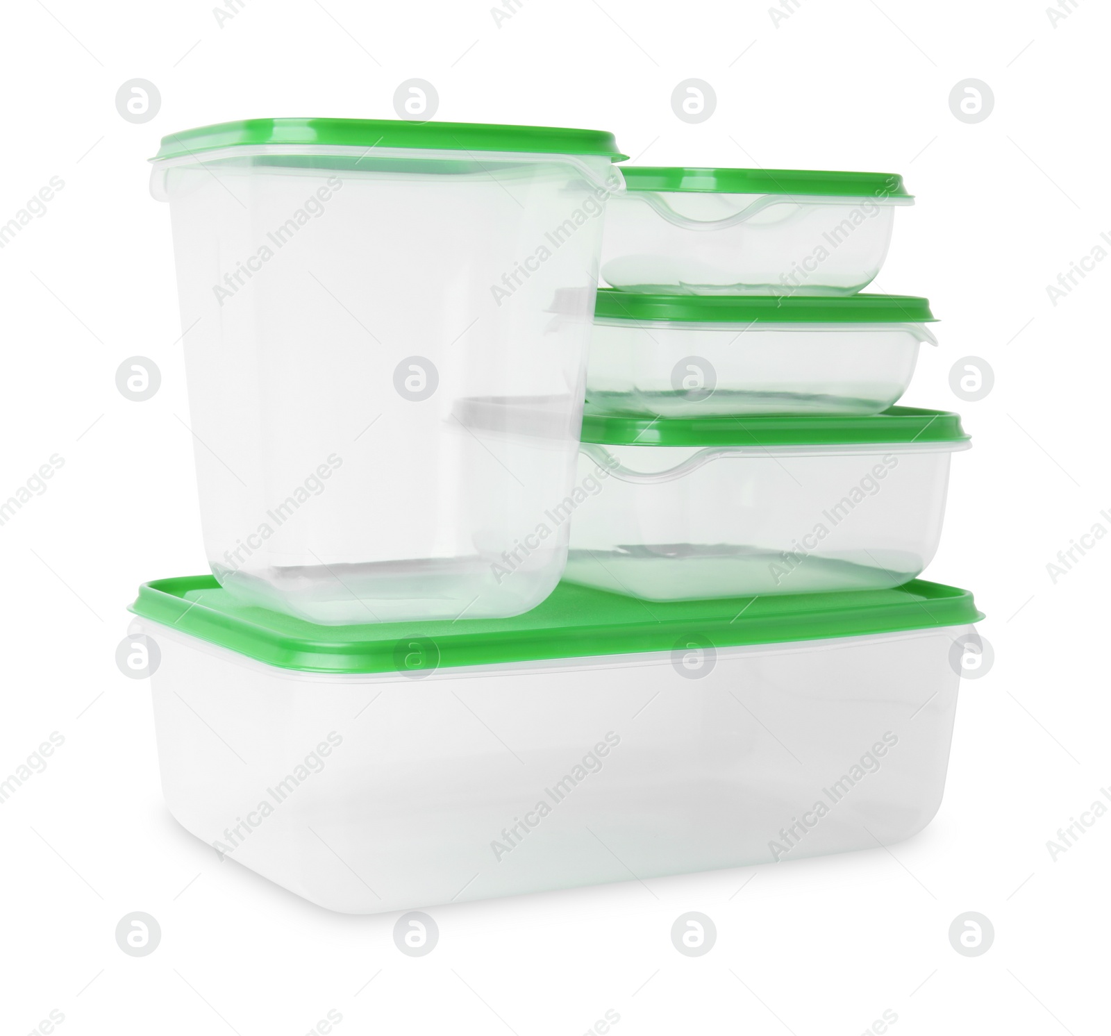 Photo of Empty plastic containers on white background. Food storage