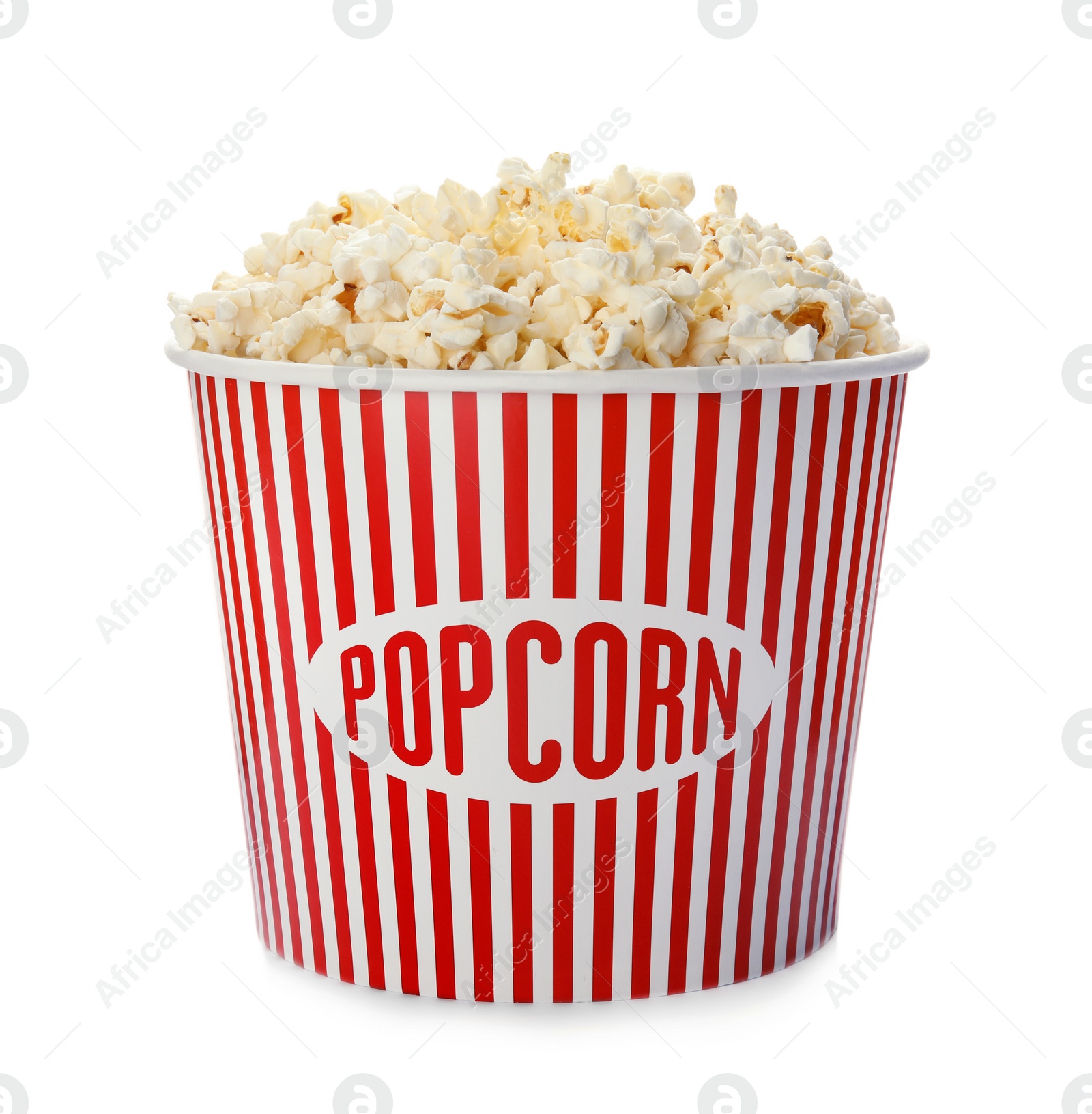 Photo of Carton bucket with delicious fresh popcorn on white background