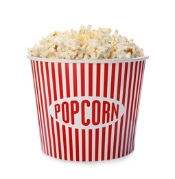 Photo of Carton bucket with delicious fresh popcorn on white background