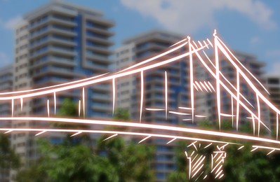 Image of Drawn bridge and blurred view of buildings on sunny day. Business cooperation concept