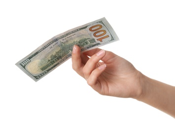 Young woman with dollar bill on white background, closeup