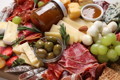 Photo of Tasty assorted appetizer as background, closeup view