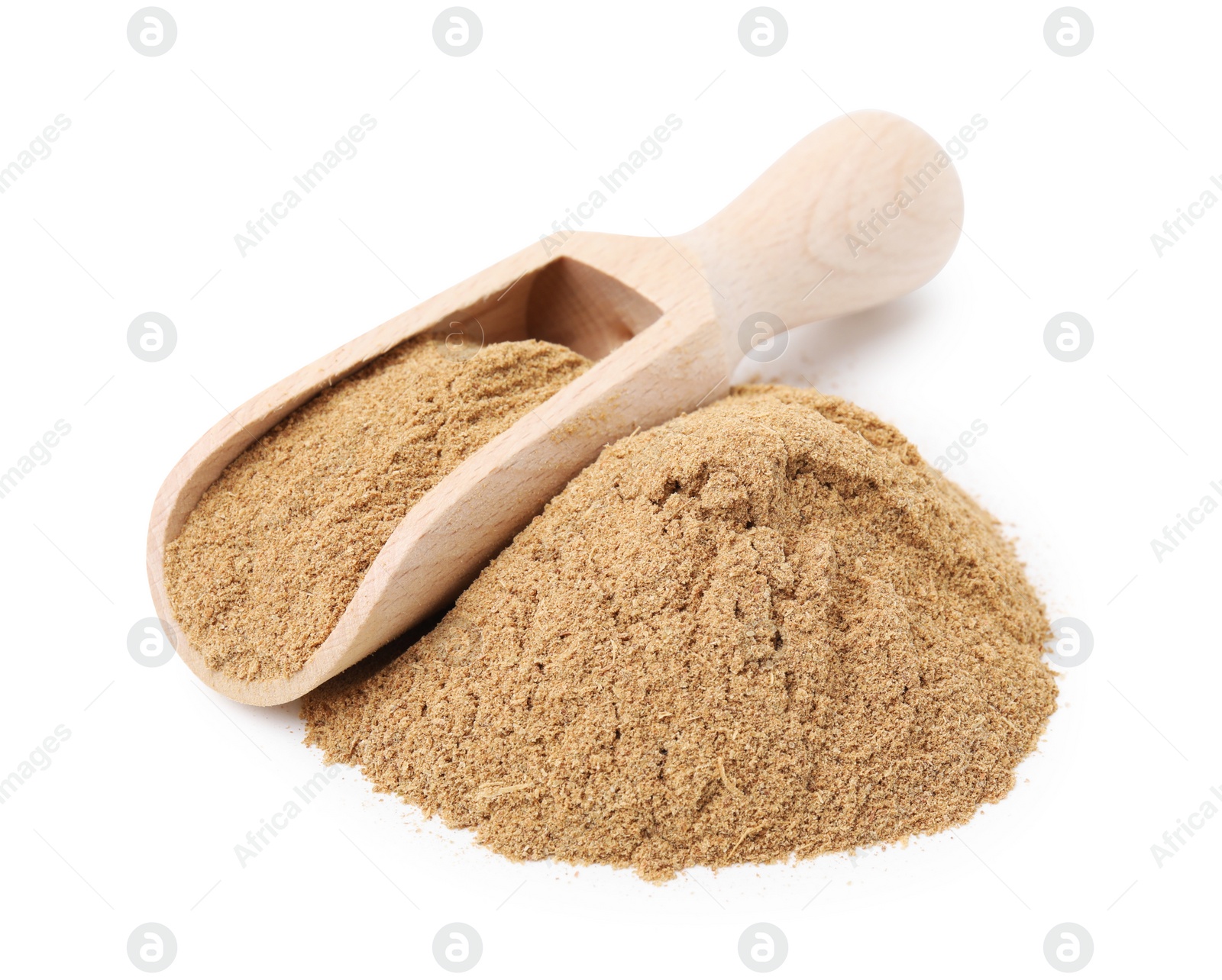 Photo of Dietary fiber. Heap of psyllium husk powder and scoop isolated on white