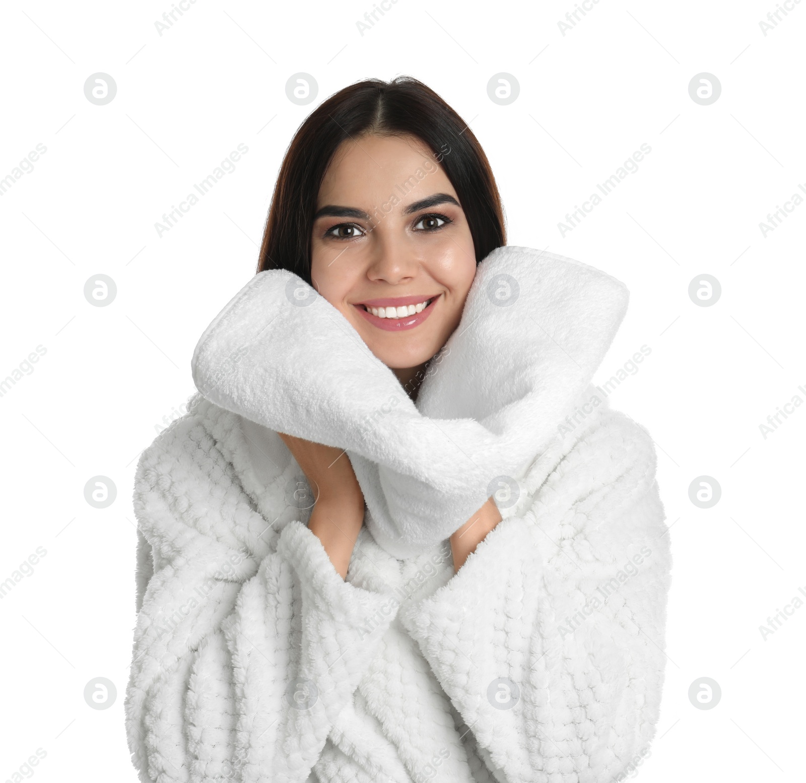 Photo of Young woman wiping face with towel on white background