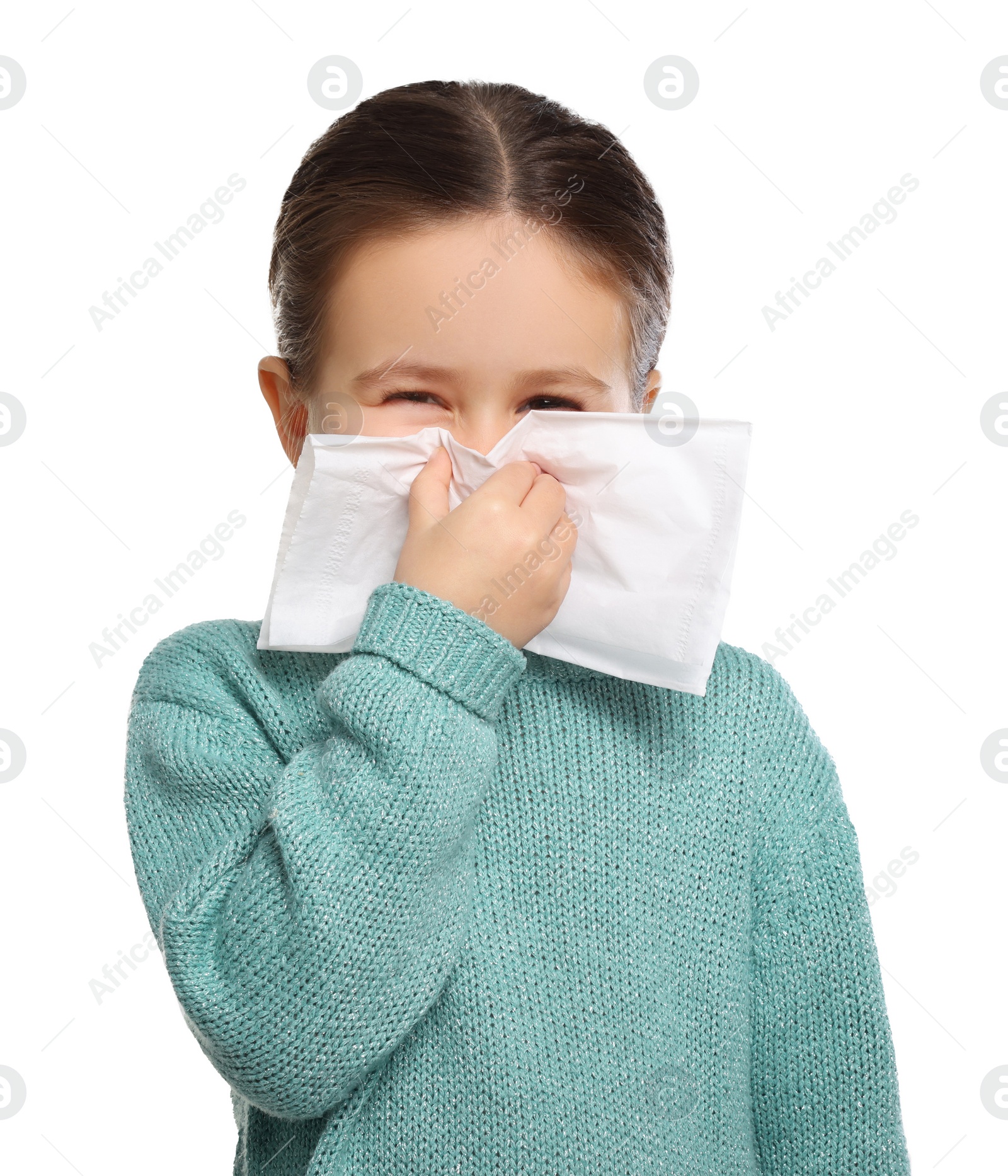 Photo of Girl blowing nose in tissue on white background, space for text. Cold symptoms