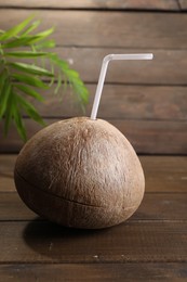 Coconut water. Fresh nut with straw on wooden table