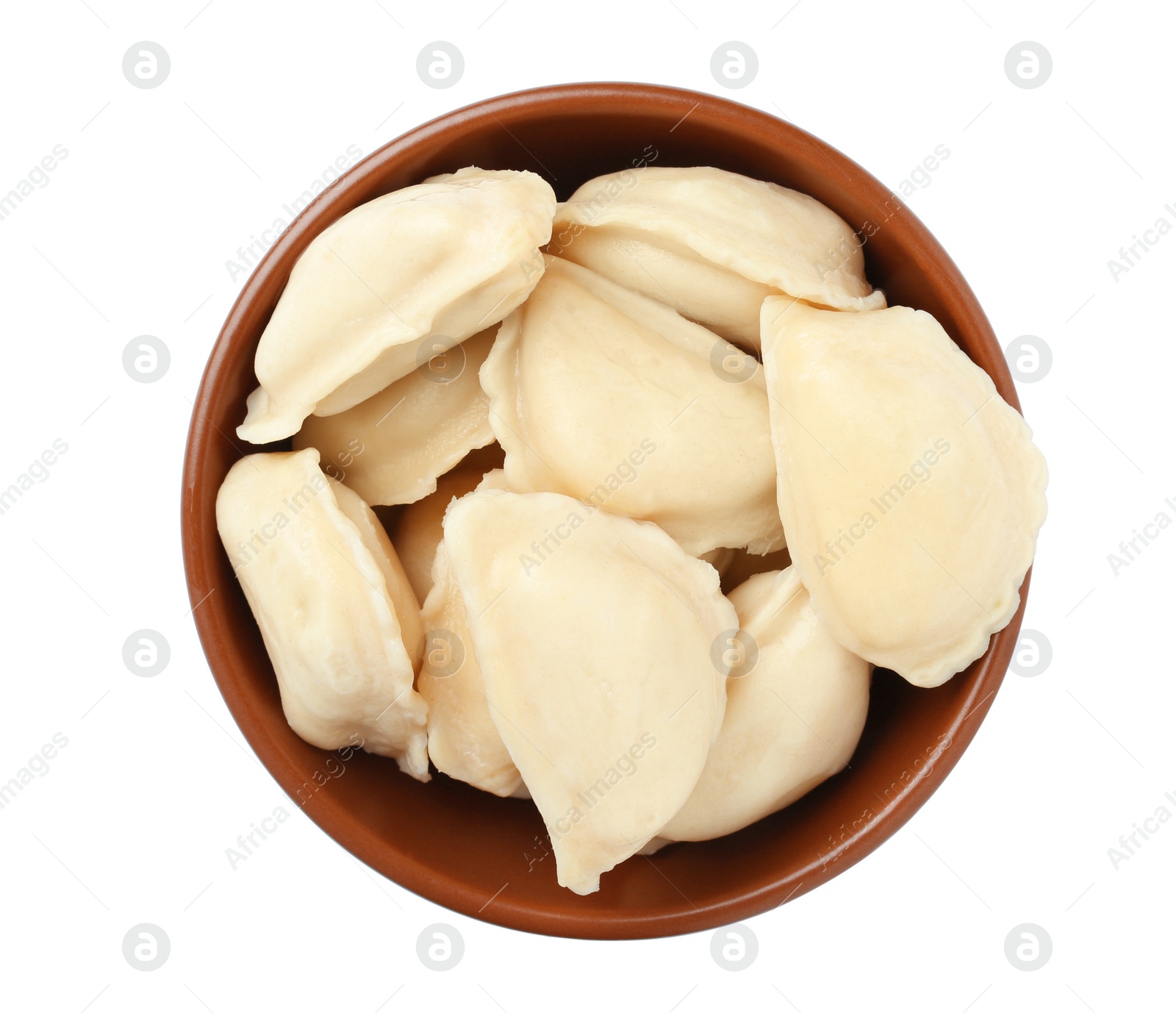 Photo of Bowl with tasty dumplings isolated on white, top view