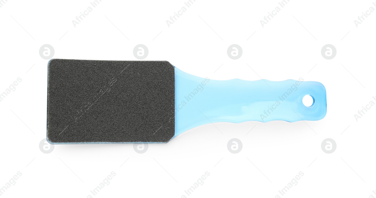 Photo of Light blue foot file on white background, top view. Pedicure tool