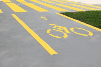 Photo of Bike lane with painted yellow bicycle sign and arrow near pedestrian crossing