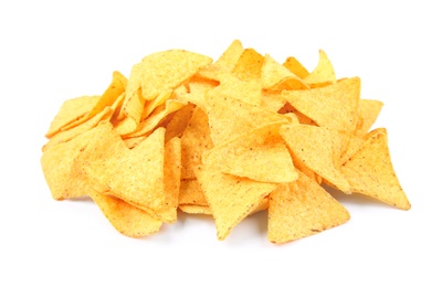 Tasty Mexican nachos chips on white background