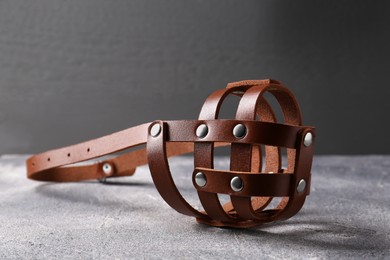 Brown leather dog muzzle on light gray textured table