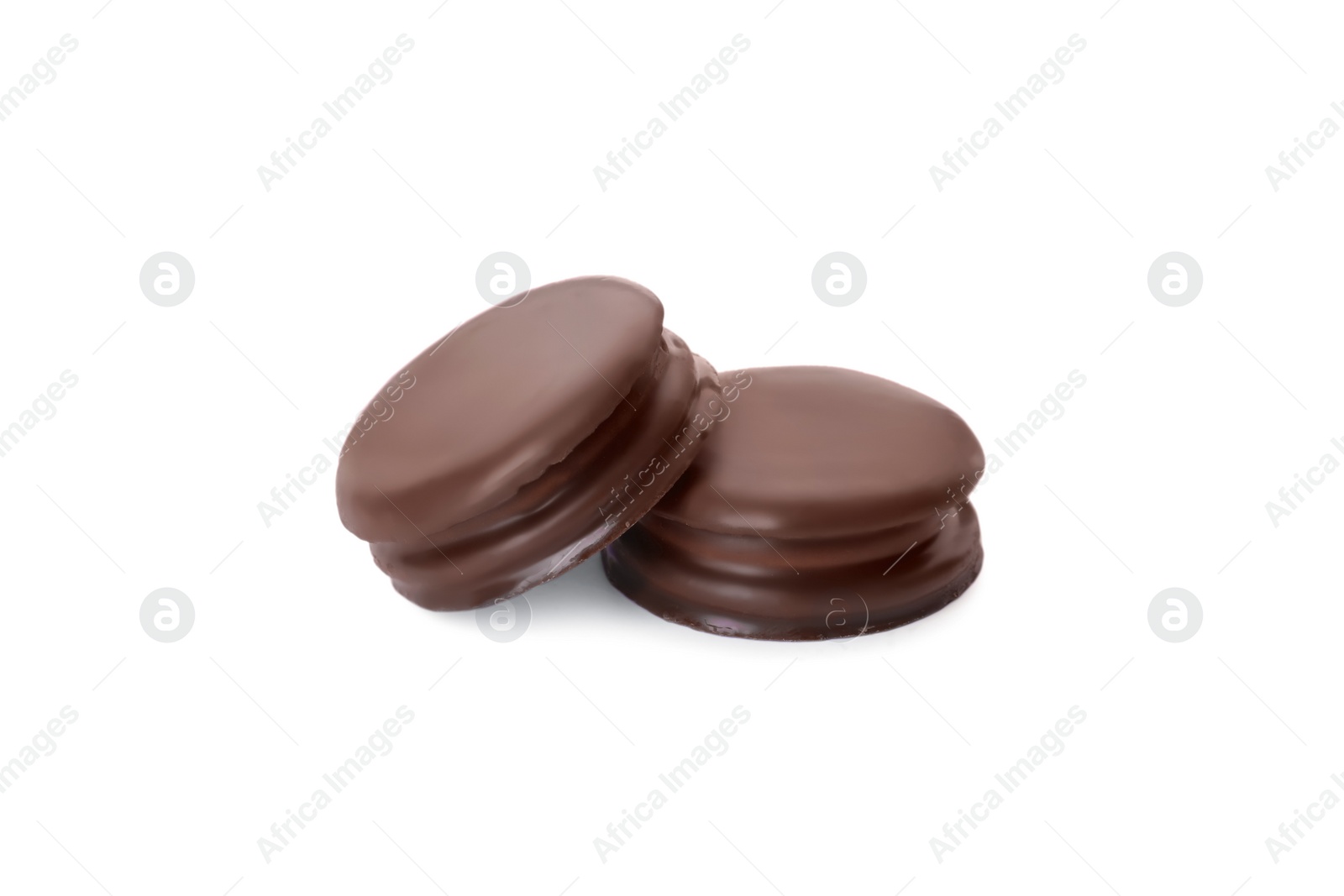 Photo of Delicious choco pies on white background. Classic snack cakes