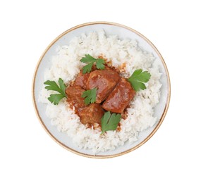 Photo of Delicious goulash with rice isolated on white, top view