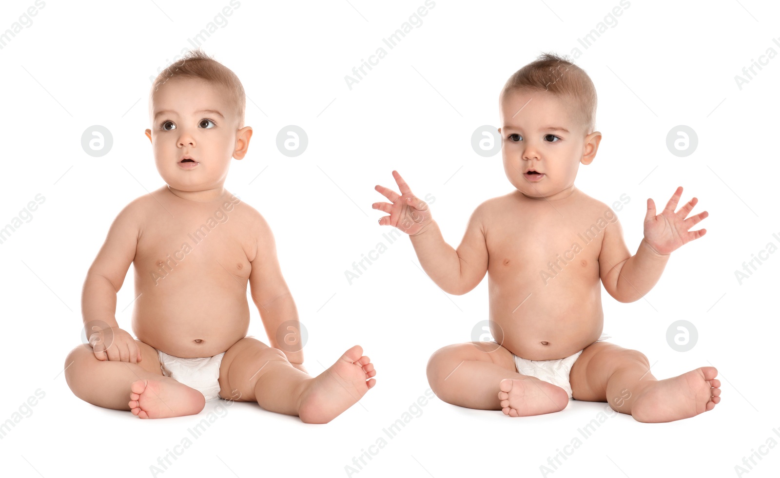 Image of Cute little babies on white background, collage 