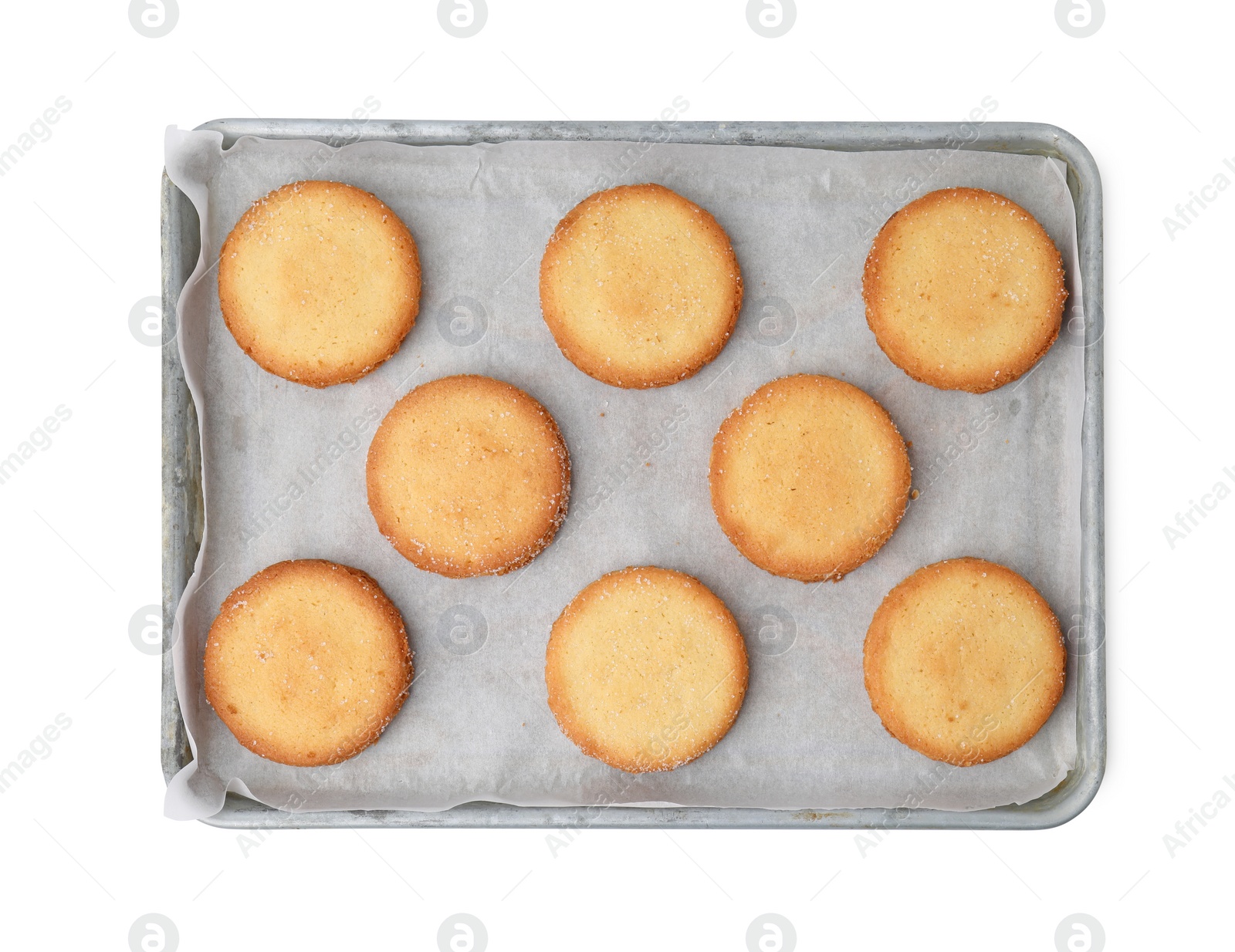 Photo of Tray with tasty sugar cookies isolated on white, top view