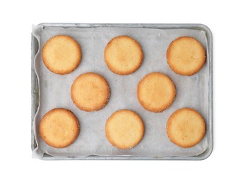 Photo of Tray with tasty sugar cookies isolated on white, top view