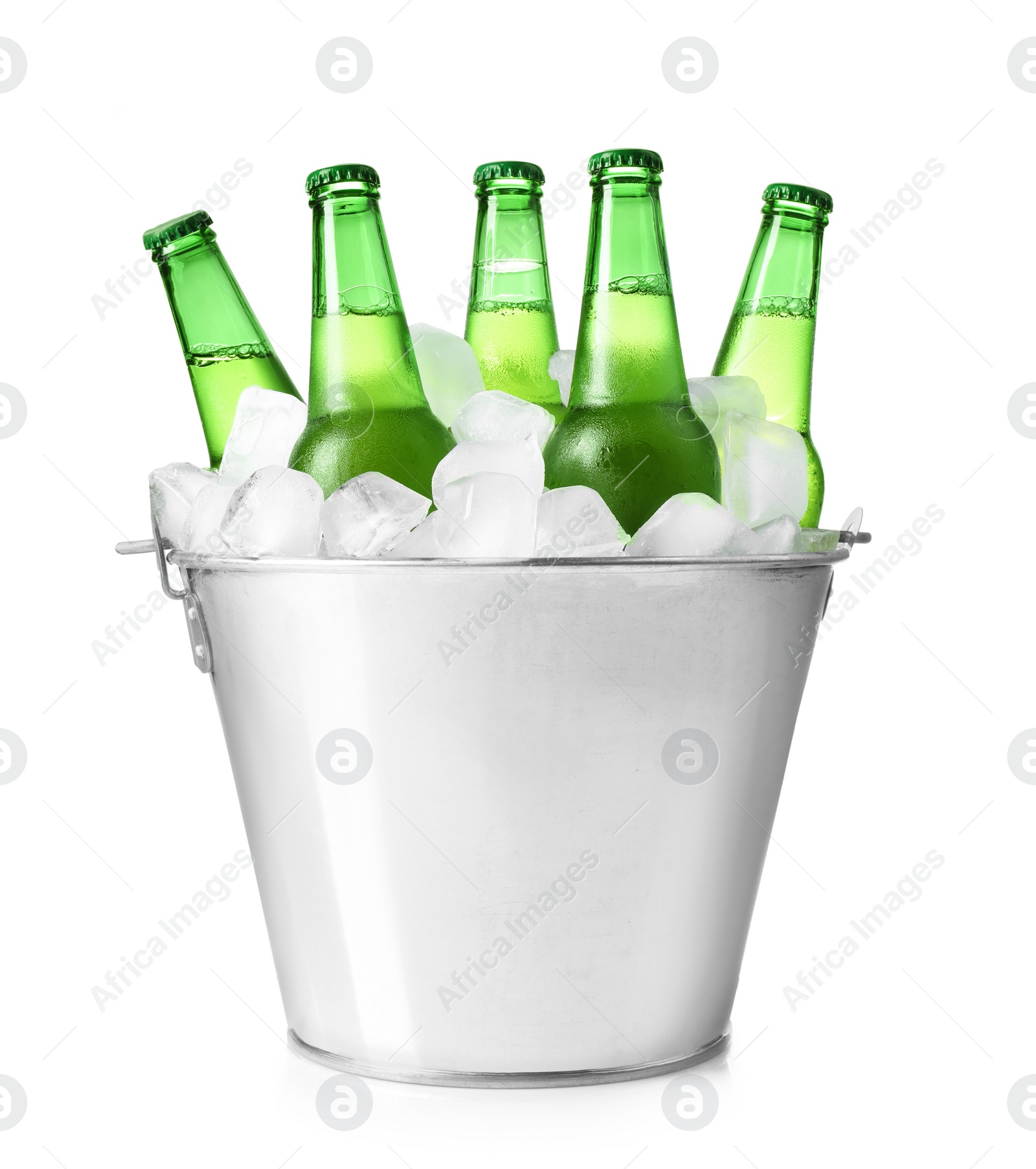 Photo of Metal bucket with bottles of beer and ice cubes on white background