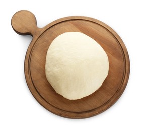 Photo of Fresh yeast dough and wooden board isolated on white, top view