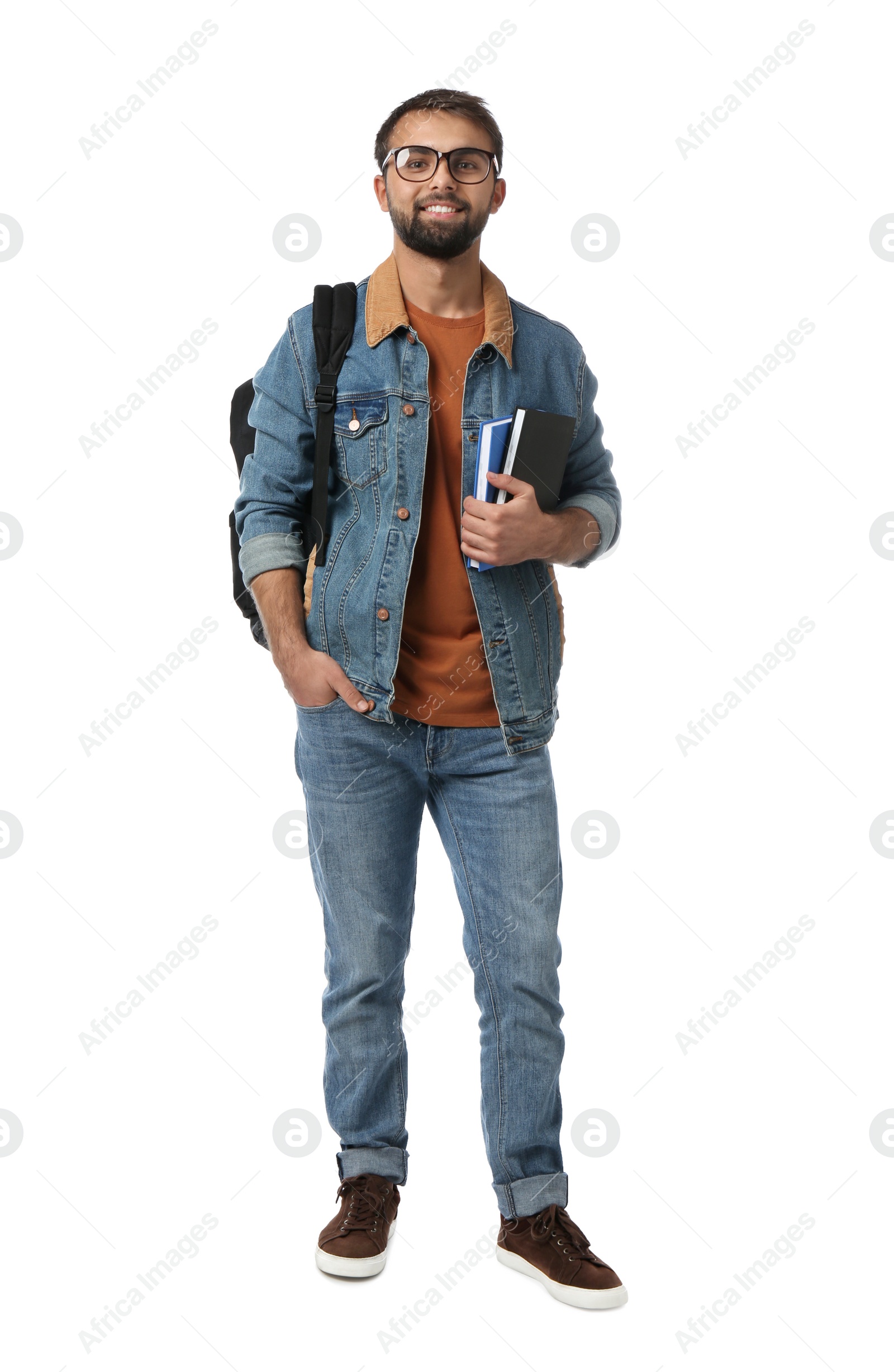 Photo of Student with backpack and books on white background