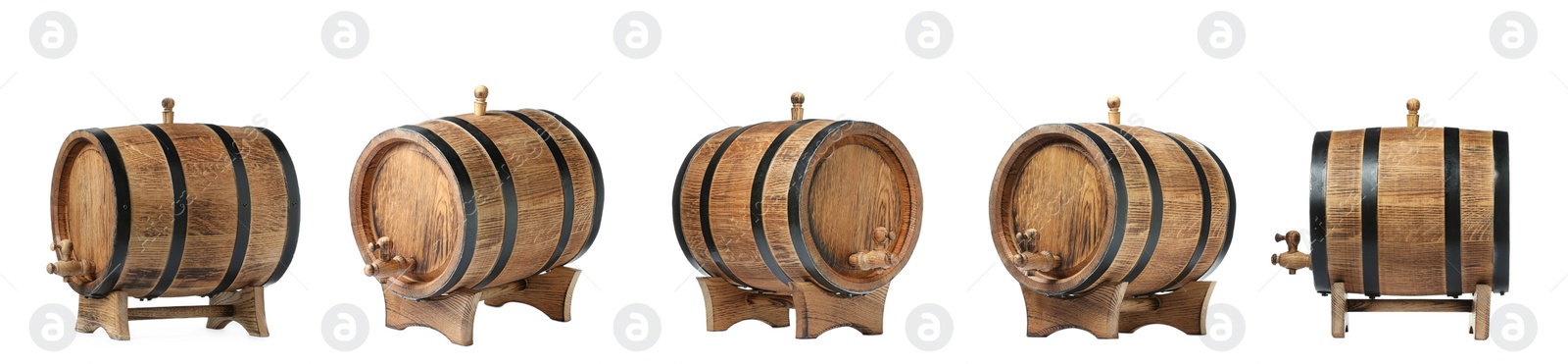 Image of Collage of wooden barrel with tap on white background, different sides