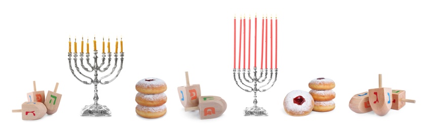 Set with wooden dreidels, doughnuts and silver menorahs on white background, banner design. Hanukkah celebration