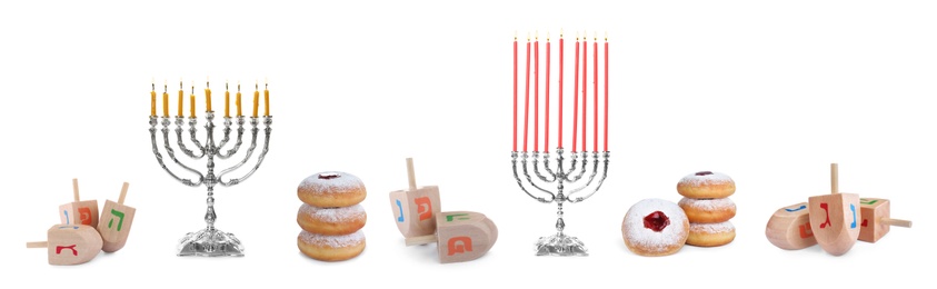 Image of Set with wooden dreidels, doughnuts and silver menorahs on white background, banner design. Hanukkah celebration