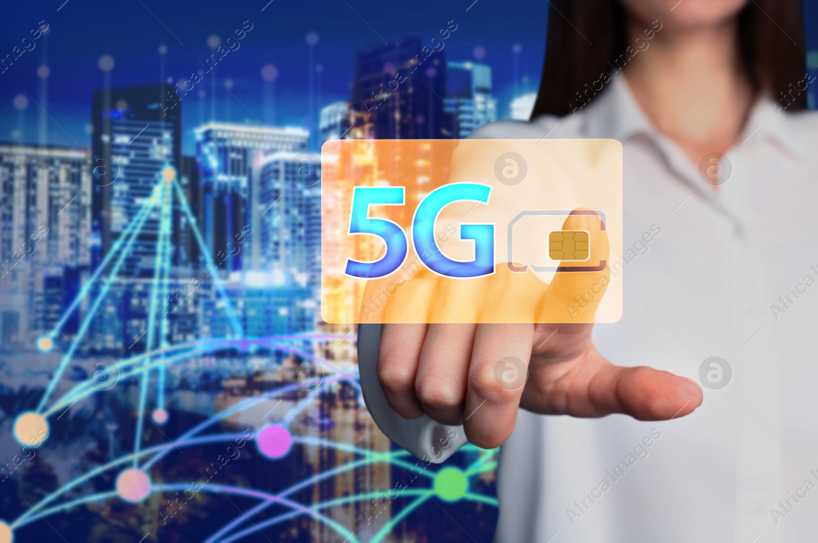 Image of Woman demonstrating 5G SIM card model and cityscape with connection lines on background, closeup