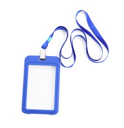 Photo of Blue badge isolated on white, top view