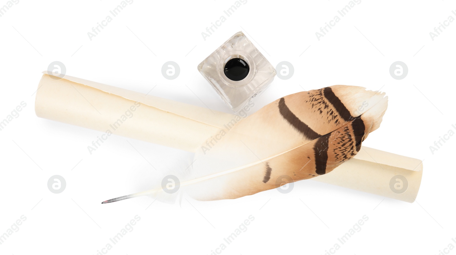 Photo of Feather pen, inkwell and scroll of parchment on white background, top view