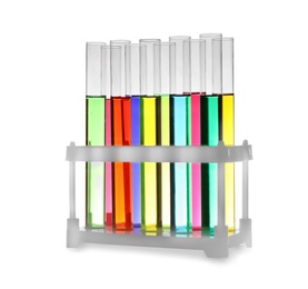 Test tubes with color liquids in rack on white background. Solution chemistry