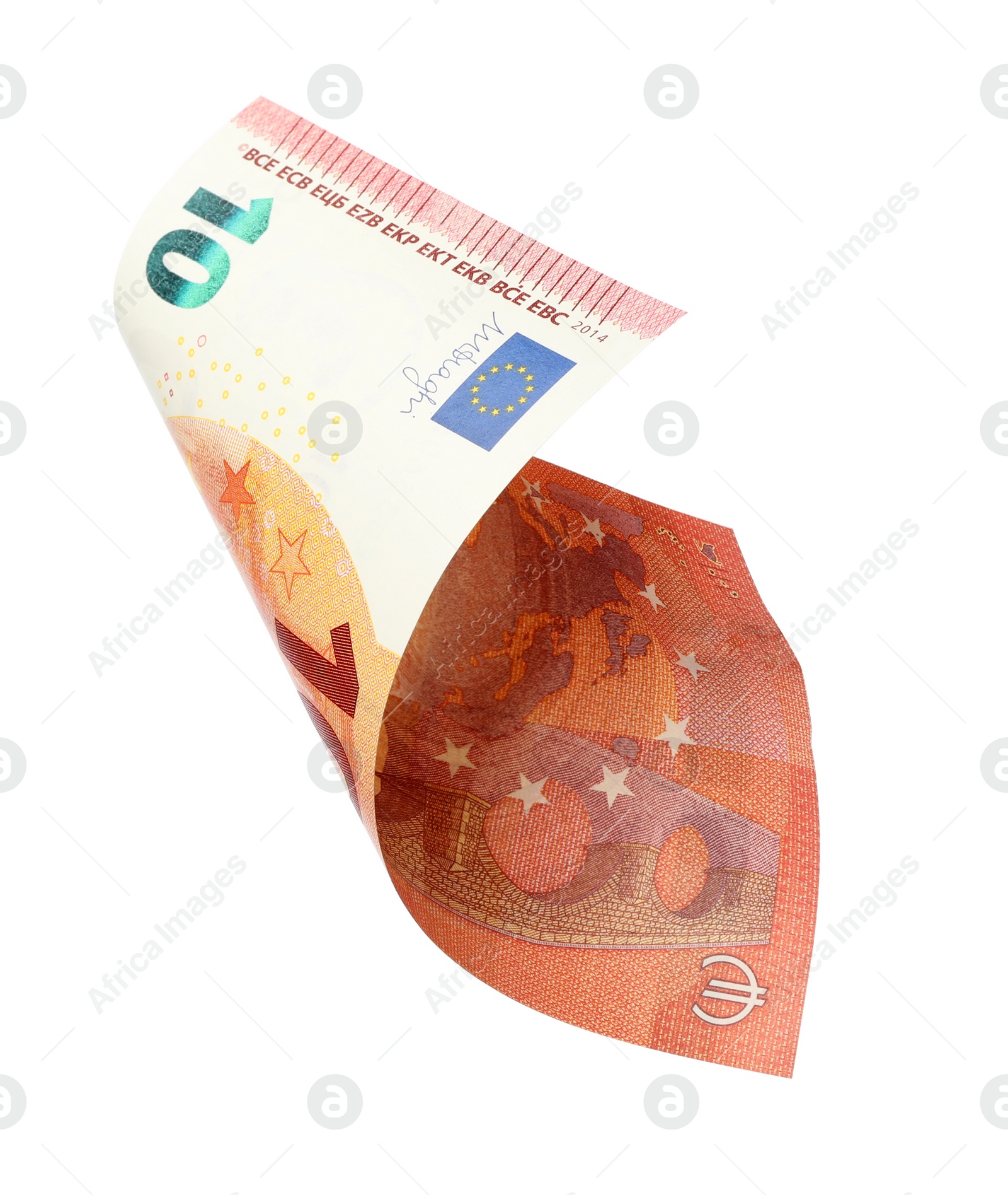 Photo of Flying ten Euro banknote isolated on white