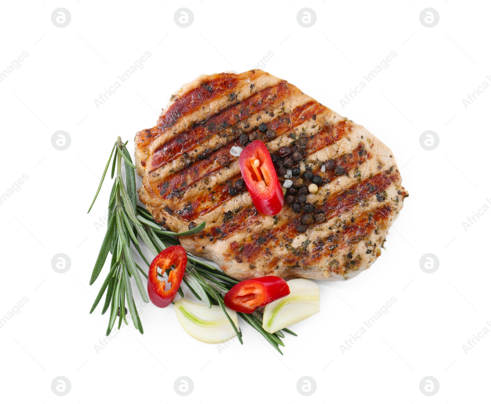 Photo of Delicious grilled pork steak and spices on white background, top view