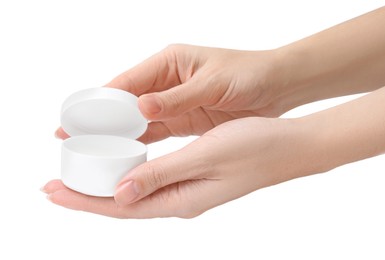 Photo of Woman holding jar of petroleum jelly on white background, closeup