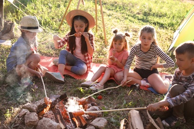 Photo of Little children frying sausages on bonfire. Summer camp