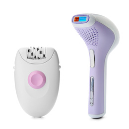 Image of Modern devices for epilation on white background