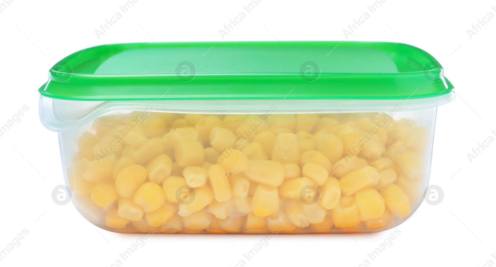 Photo of Fresh corn kernels in plastic container isolated on white