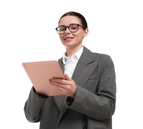 Photo of Beautiful businesswoman in suit with tablet on white background